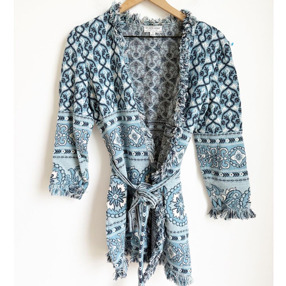 ST JOHN Blue Boho Cardigan Weater Paisley size Medium